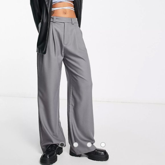 Stradivarius Pants - Stradivarius tailored dad pants with button detail in charcoal
